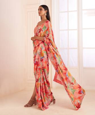 Blush Pink Abstract Print Pre-Draped Saree Set 2