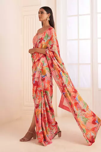 Blush Pink Abstract Print Pre-Draped Saree Set