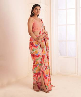 Blush Pink Abstract Print Pre-Draped Saree Set 3