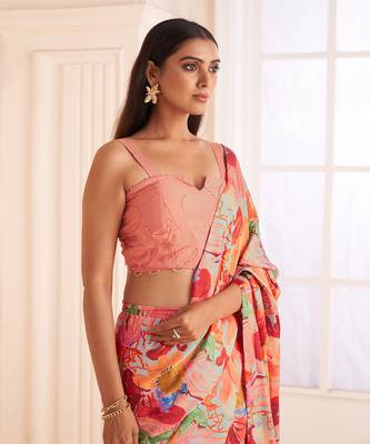 Blush Pink Abstract Print Pre-Draped Saree Set 4