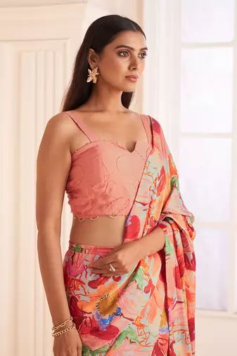 Blush Pink Abstract Print Pre-Draped Saree Set