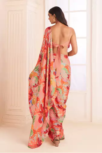 Blush Pink Abstract Print Pre-Draped Saree Set