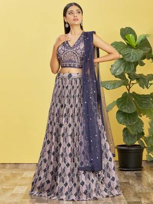 Blue Real Mirror With Thread Zari Sequins Embroidered Chinnon Lehenga Choli For Wedding 1