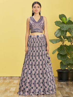 Blue Real Mirror With Thread Zari Sequins Embroidered Chinnon Lehenga Choli For Wedding 3