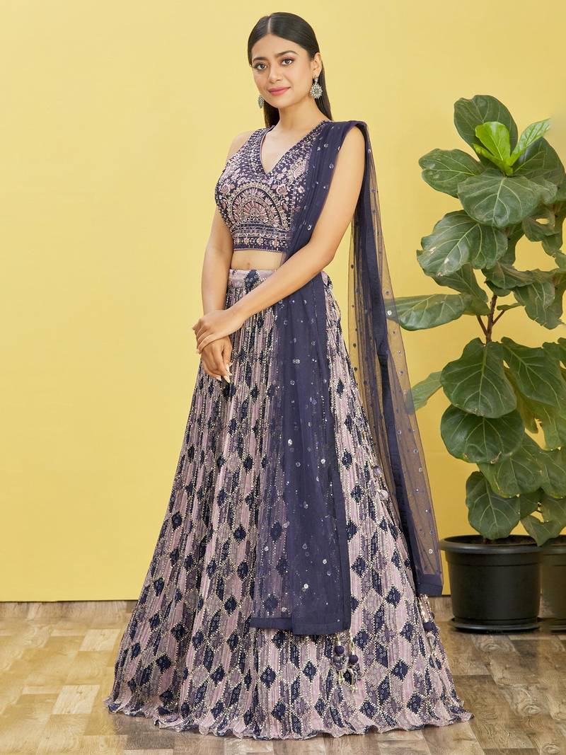 Blue Real Mirror With Thread Zari Sequins Embroidered Chinnon Lehenga Choli For Wedding
