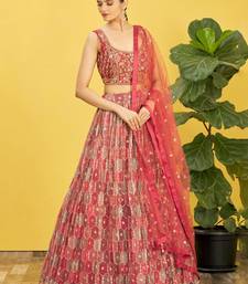 mesmerizing Peach Real Mirror With Thread Zari Sequins Embroidered Organza indian wedding lehenga dress
