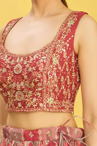 mesmerizing Peach Real Mirror With Thread Zari Sequins Embroidered Organza indian wedding lehenga dress