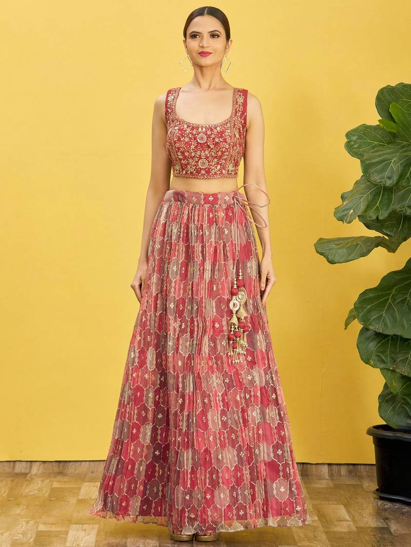 mesmerizing Peach Real Mirror With Thread Zari Sequins Embroidered Organza indian wedding lehenga dress