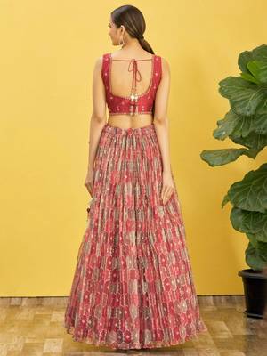 mesmerizing Peach Real Mirror With Thread Zari Sequins Embroidered Organza indian wedding lehenga dress 5