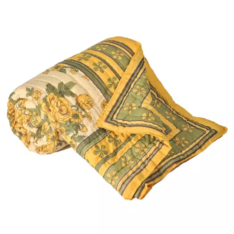 Green Floral Print Pure Cotton Double Bed Quilt Diwali Gift 326