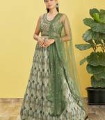  Green Real Mirror With Thread Zari Sequins Embroidered Chinnon Lehenga Choli For Bride