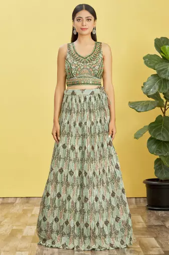  Green Real Mirror With Thread Zari Sequins Embroidered Chinnon Lehenga Choli For Bride