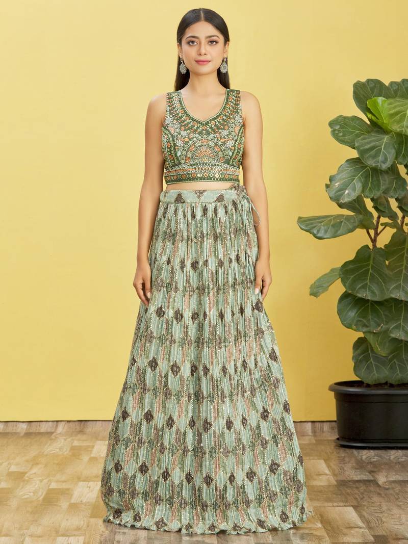  Green Real Mirror With Thread Zari Sequins Embroidered Chinnon Lehenga Choli For Bride