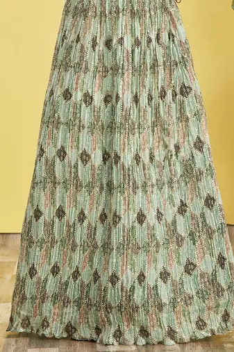  Green Real Mirror With Thread Zari Sequins Embroidered Chinnon Lehenga Choli For Bride