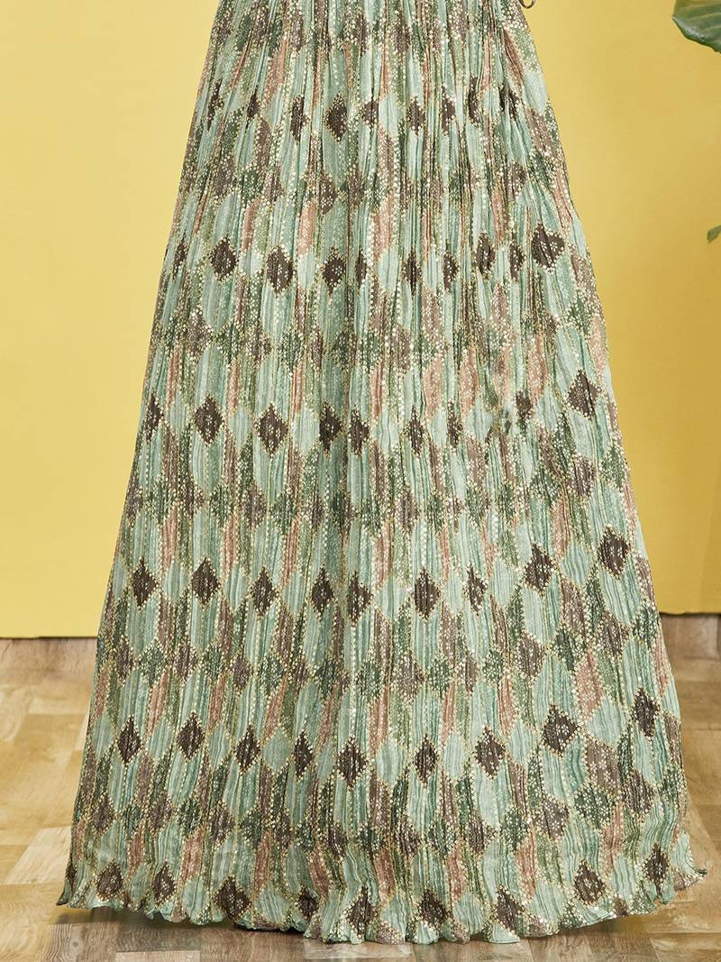  Green Real Mirror With Thread Zari Sequins Embroidered Chinnon Lehenga Choli For Bride