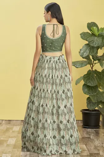  Green Real Mirror With Thread Zari Sequins Embroidered Chinnon Lehenga Choli For Bride