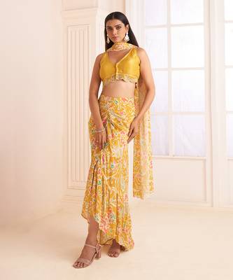 Mustard Yellow Printed & Embroidered Skirt Set 1