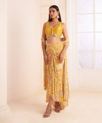 Mustard Yellow Printed & Embroidered Skirt Set 2