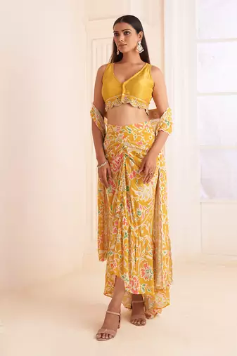 Mustard Yellow Printed & Embroidered Skirt Set