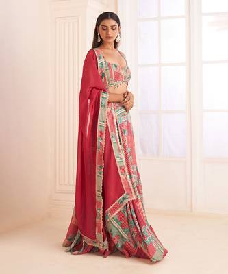 Green Patch Printed & Embroidered Lehenga Set 2