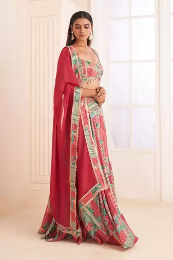 Green Patch Printed & Embroidered Lehenga Set
