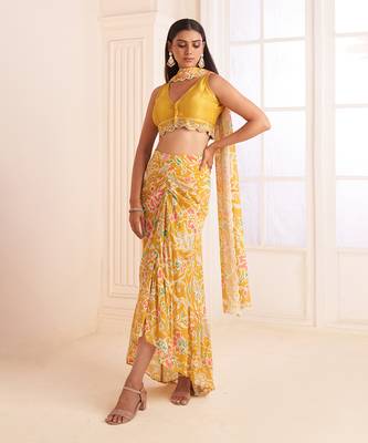 Mustard Yellow Printed & Embroidered Skirt Set 3
