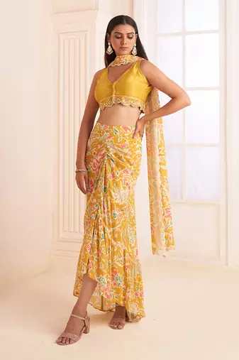 Mustard Yellow Printed & Embroidered Skirt Set