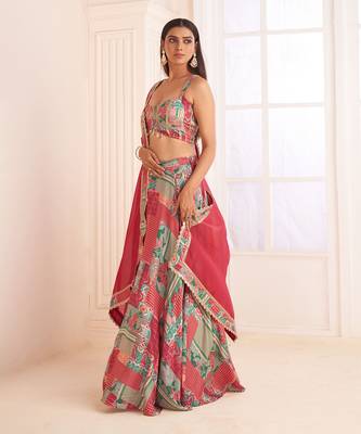Green Patch Printed & Embroidered Lehenga Set 3