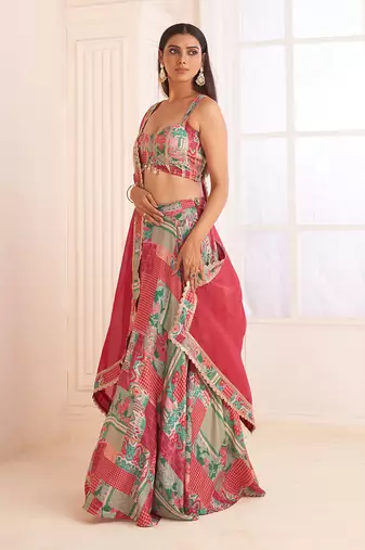 Green Patch Printed & Embroidered Lehenga Set