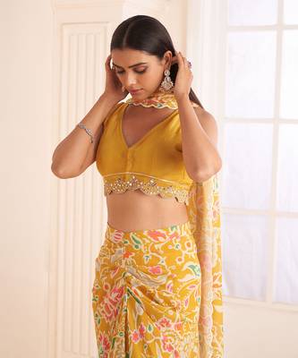 Mustard Yellow Printed & Embroidered Skirt Set 4