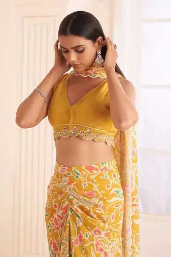 Mustard Yellow Printed & Embroidered Skirt Set