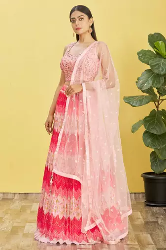 Multicolor Real Mirror With Thread Zari Sequins Embroidered Chinnon Lehienga Choli For Women