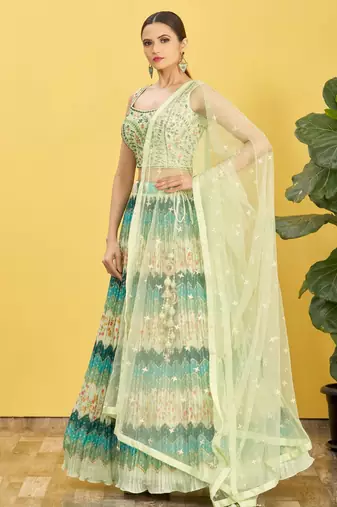 Fetching Green Real Mirror With Thread Zari Sequins Embroidered Chinnon Designer Lehenga Choli