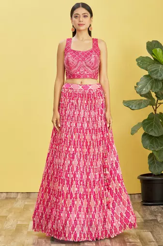 Pink Real Mirror With Thread Zari Sequins Embroidered Chinnon Wedding Lehenga Choli