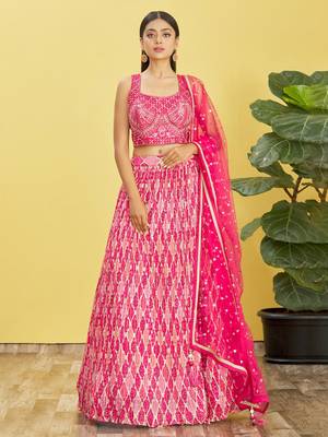 Pink Real Mirror With Thread Zari Sequins Embroidered Chinnon Wedding Lehenga Choli 5