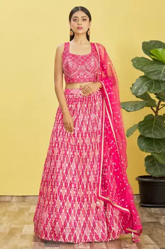 Pink Real Mirror With Thread Zari Sequins Embroidered Chinnon Wedding Lehenga Choli