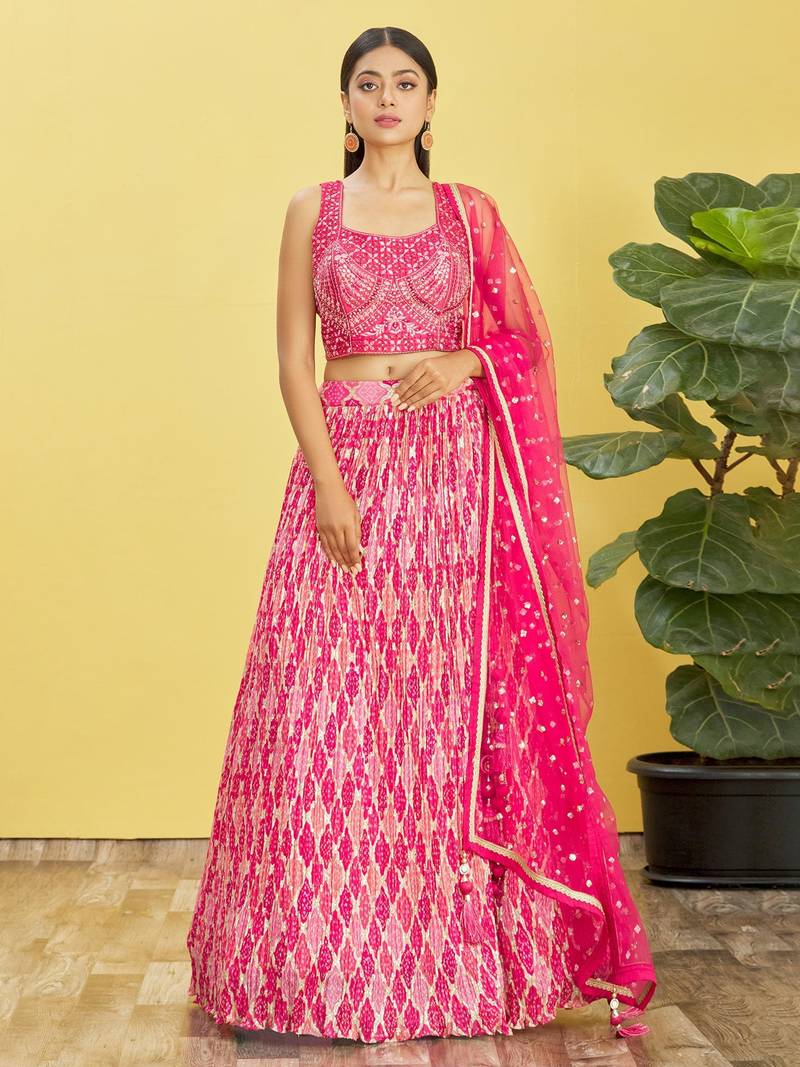 Pink Real Mirror With Thread Zari Sequins Embroidered Chinnon Wedding Lehenga Choli