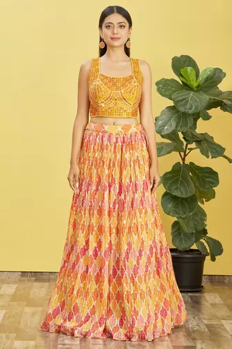 Marvelous Yellow Real Mirror With Thread Zari Sequins Embroidered Chinnon Bridal Lehenga Choli