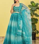 Phenomenal Blue gradient design with chevron-style digital printed Organza indian designer Party Wear Lehenga dress
