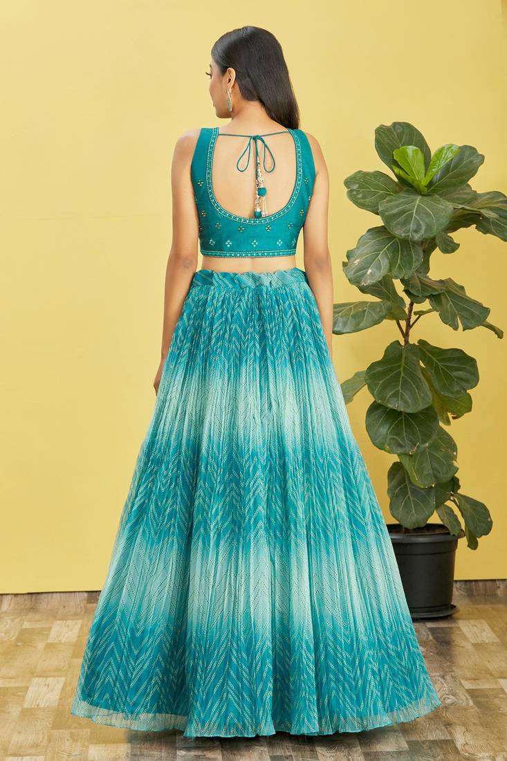 Phenomenal Blue gradient design with chevron-style digital printed Organza indian designer Party Wear Lehenga dress