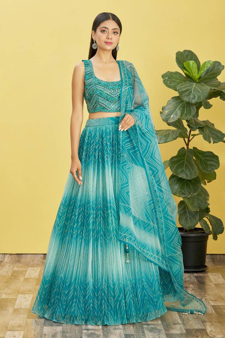 Phenomenal Blue gradient design with chevron-style digital printed Organza indian designer Party Wear Lehenga dress