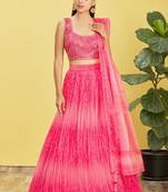 delightful ombre pink colored digital printed in zigzag pattern lightweight organza fabric indian designer lehenga dress