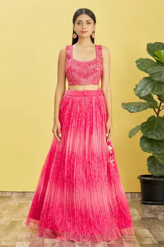 delightful ombre pink colored digital printed in zigzag pattern lightweight organza fabric indian designer lehenga dress