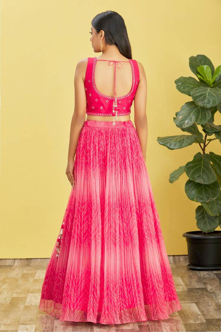 delightful ombre pink colored digital printed in zigzag pattern lightweight organza fabric indian designer lehenga dress