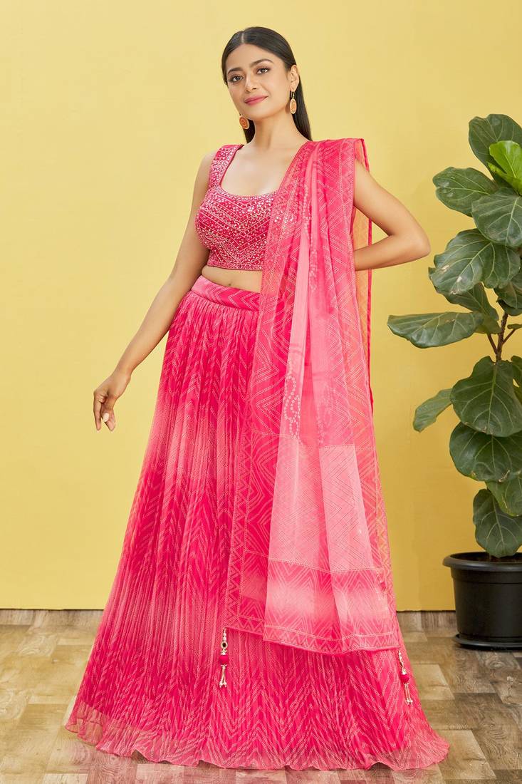 delightful ombre pink colored digital printed in zigzag pattern lightweight organza fabric indian designer lehenga dress