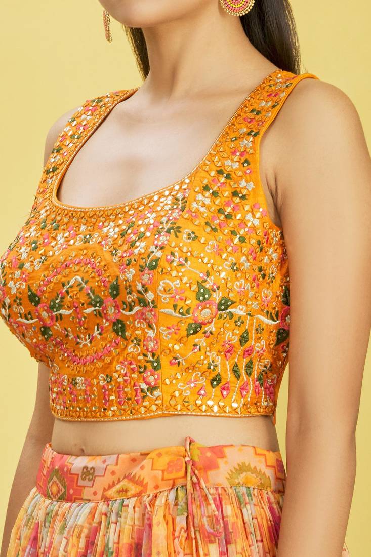 Splendid Yellow Real Mirror With Thread Zari Sequins Embroidered Organza Lehenga Choli And Dupatta