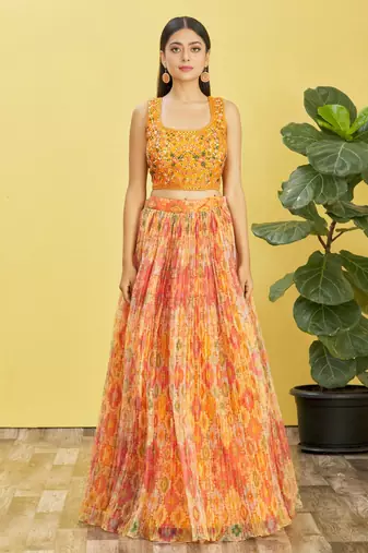 Splendid Yellow Real Mirror With Thread Zari Sequins Embroidered Organza Lehenga Choli And Dupatta