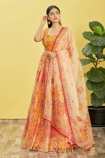 Splendid Yellow Real Mirror With Thread Zari Sequins Embroidered Organza Lehenga Choli And Dupatta