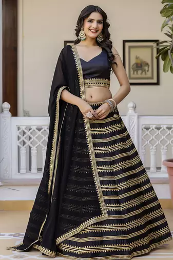 Black Silk Lehenga Choli with Embroidery and Georgette Dupatta