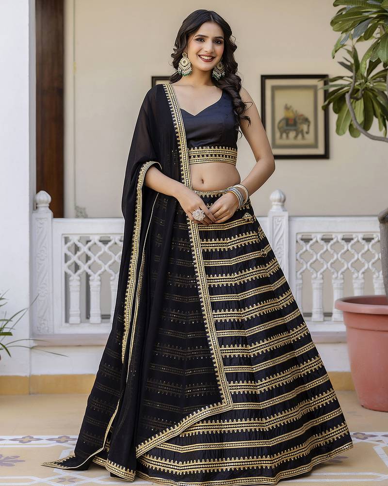 Black Silk Lehenga Choli with Embroidery and Georgette Dupatta